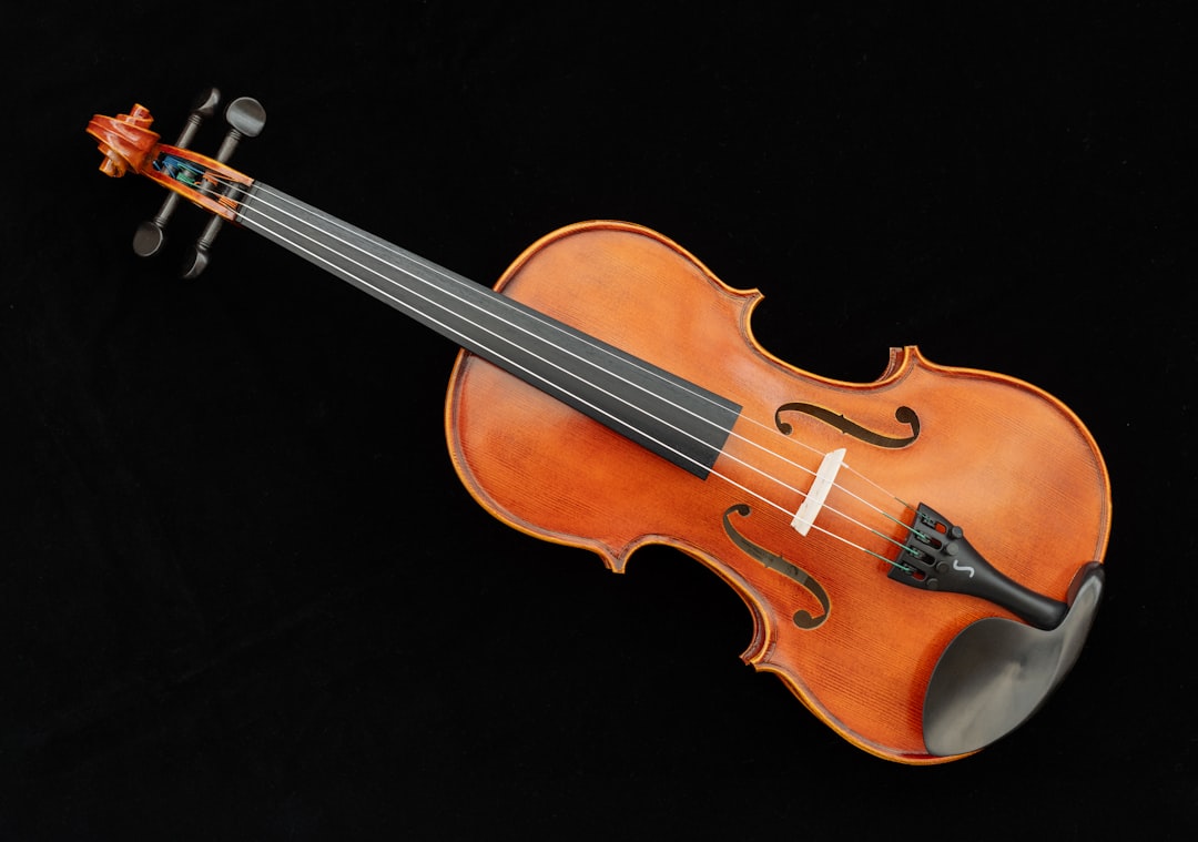 A violin, placed diagonally across the frame, against a black background.